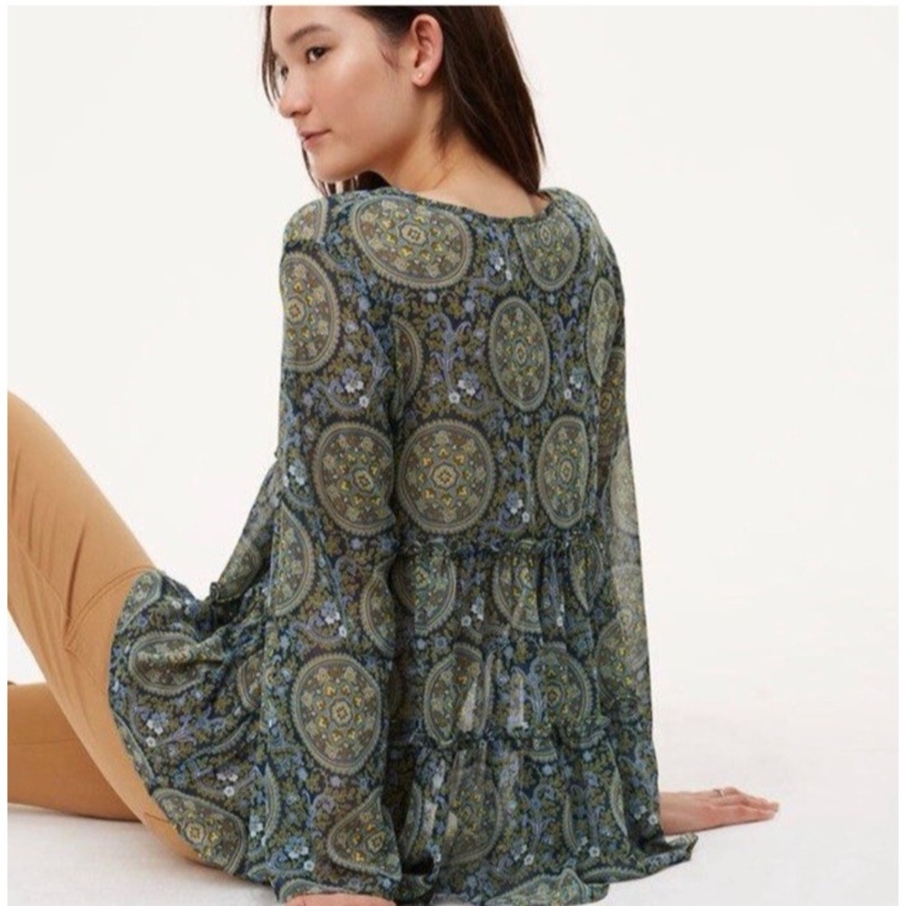 Loft Blouse Paisley Sheer XL‎ Green Boho Peasant Baby Doll Tiered Bell Sleeve - Picture 4 of 14